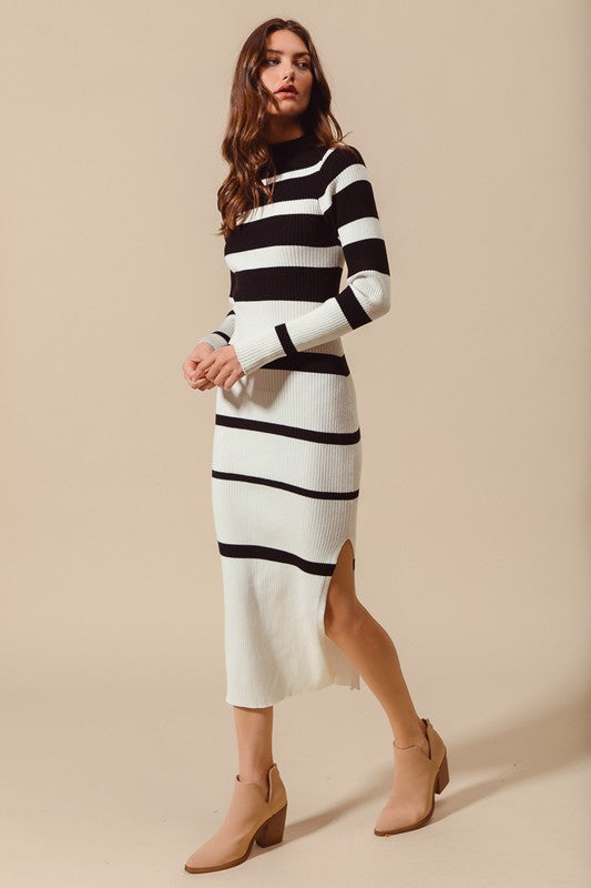 FITTED VARIEGATED STRIPE KNITTED SWEATER DRESS