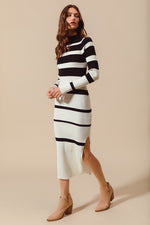 FITTED VARIEGATED STRIPE KNITTED SWEATER DRESS