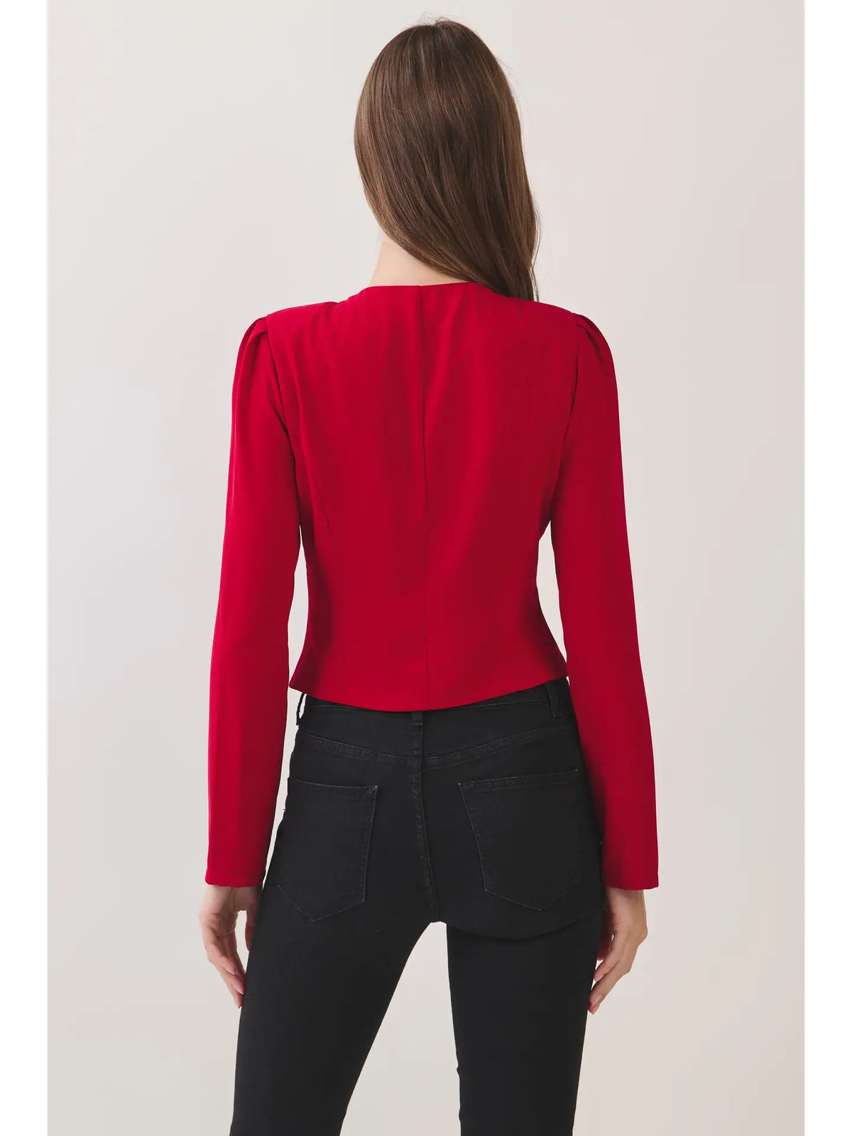 Ruched Bow Detail Long Sleeve Top- Red