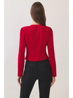 Ruched Bow Detail Long Sleeve Top- Red
