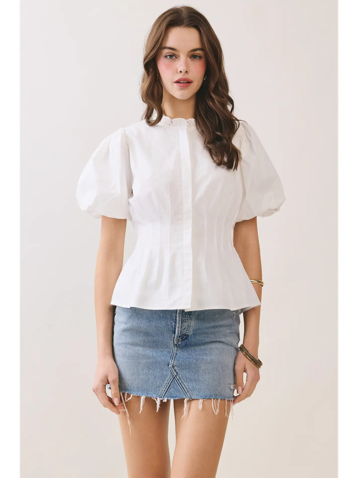 Ruffled Mock Neck Fitted Bodice Button Down Top- White