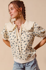 Vintage Floral Short Sleeve Sweatshirt With Peter Pan Collar