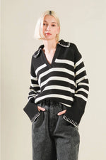 Black Striped V Neck Sweater with White Stitching Detail at Collar