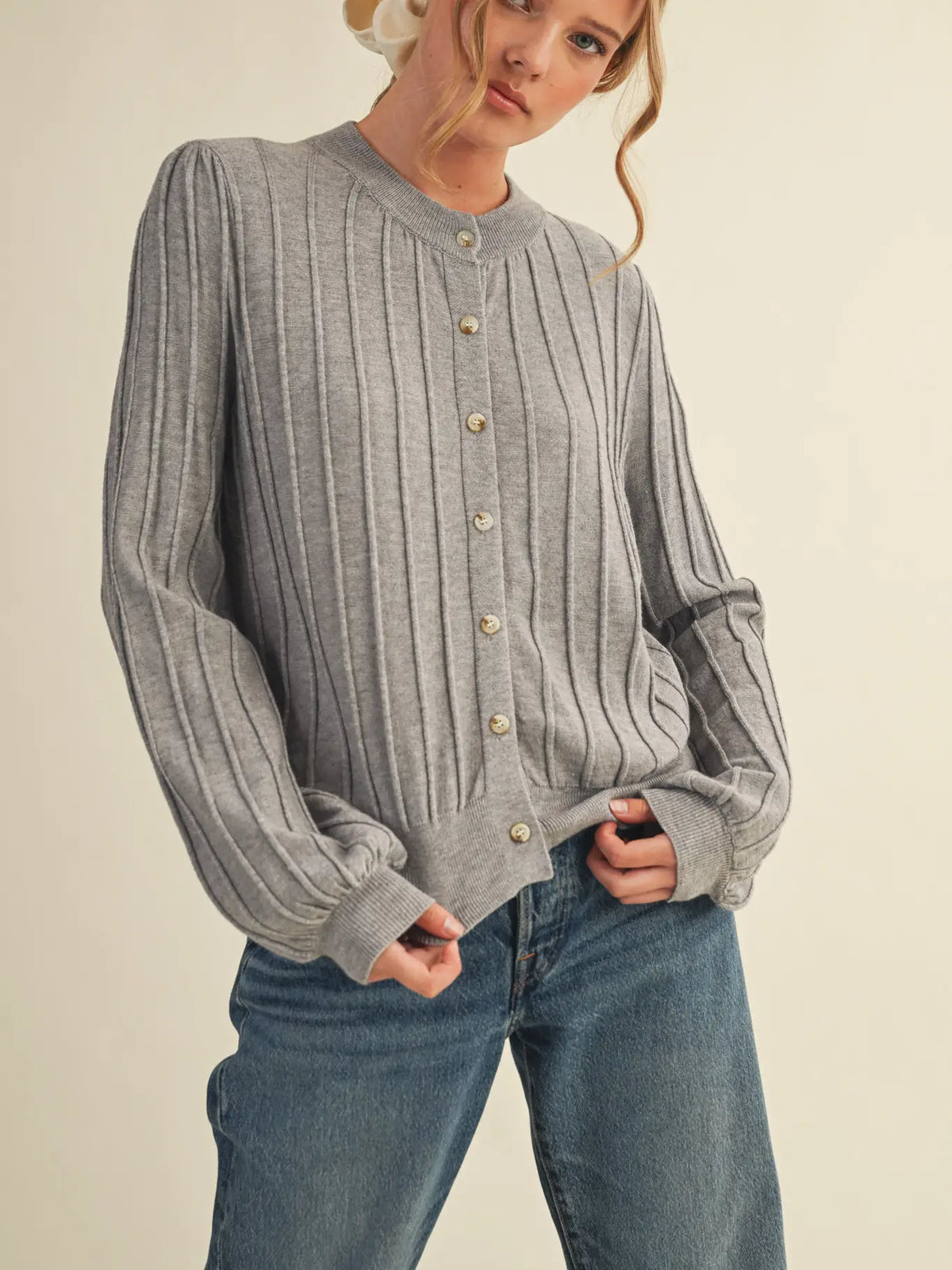 Soft Ribbed Sweater Cardigan- Grey