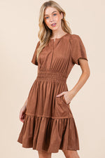 Camel Suede Short Sleeve Dress with Smocked Waist