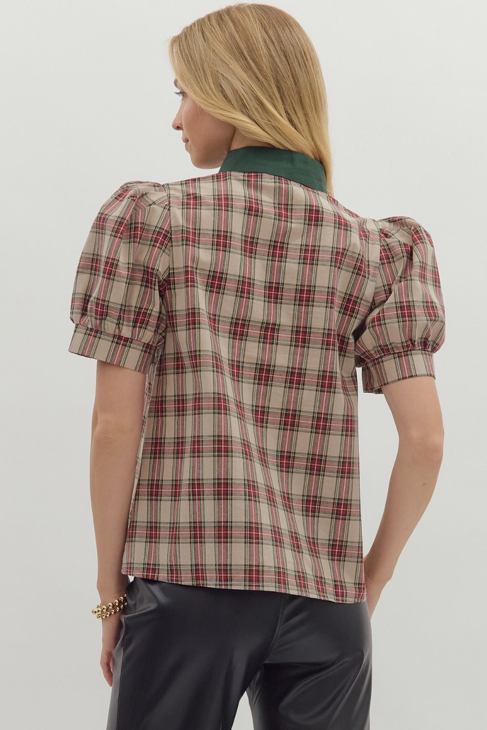 Taupe Hunter Plaid Top with Contrast Trim