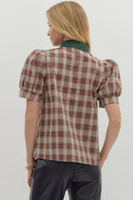 Taupe Hunter Plaid Top with Contrast Trim