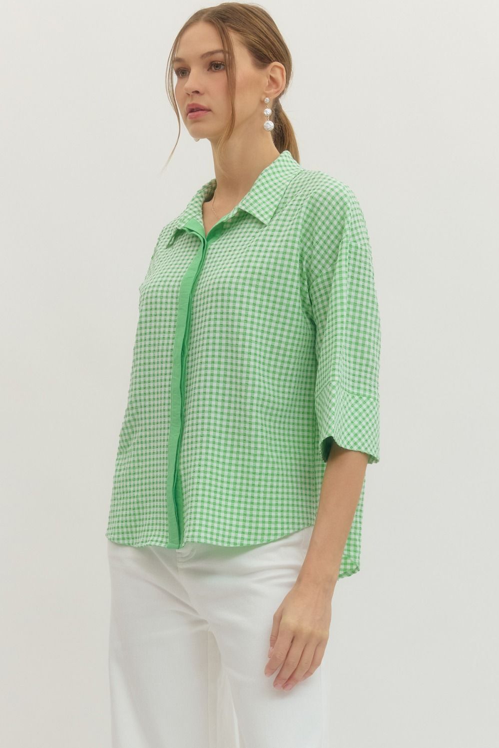Piper Gingham 3/4 Sleeve Top with Hidden Button Placket - Mint￼