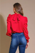Red Woven Blouse with Slight Puff Shoulder and Neck Tie Back