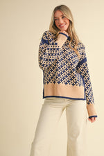Navy and Taupe Mock Neck Pullover Sweater