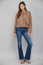 Super Soft Mocha Pleated Hemline Zip Front Closure Bomber Jacket by Fate
