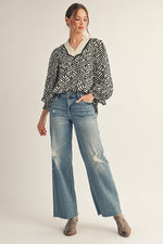 Standing Collar Black Boho Leaf Print Top