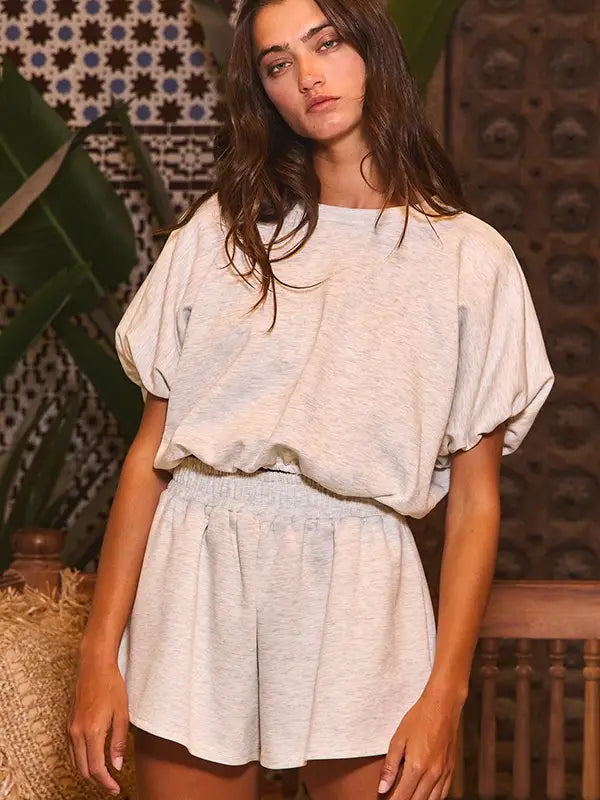 SCUBA BUBBLE HEM AND SLEEVE CROP TOP by Bucketlist- Ash Gray