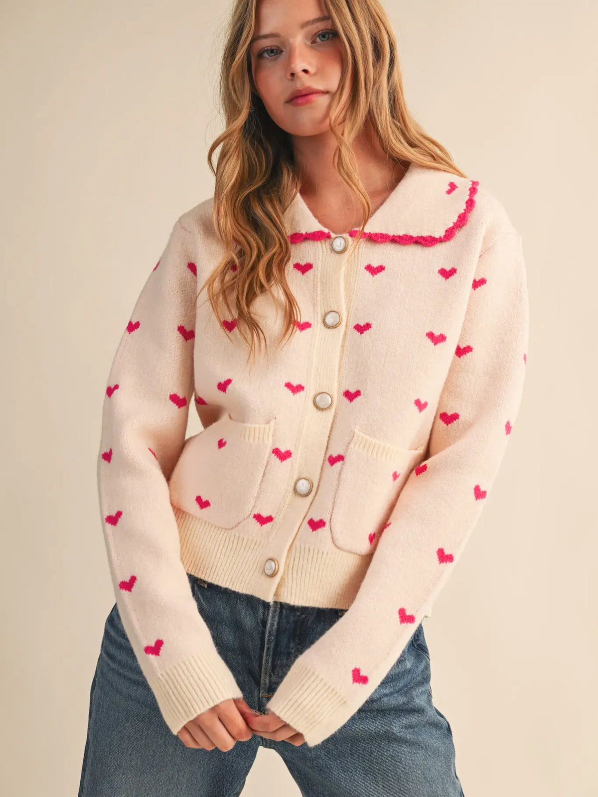 Doll Collar Heart Neck Sweater Cardigan - Sand/Coral Pink