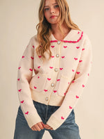 Doll Collar Heart Neck Sweater Cardigan - Sand/Coral Pink