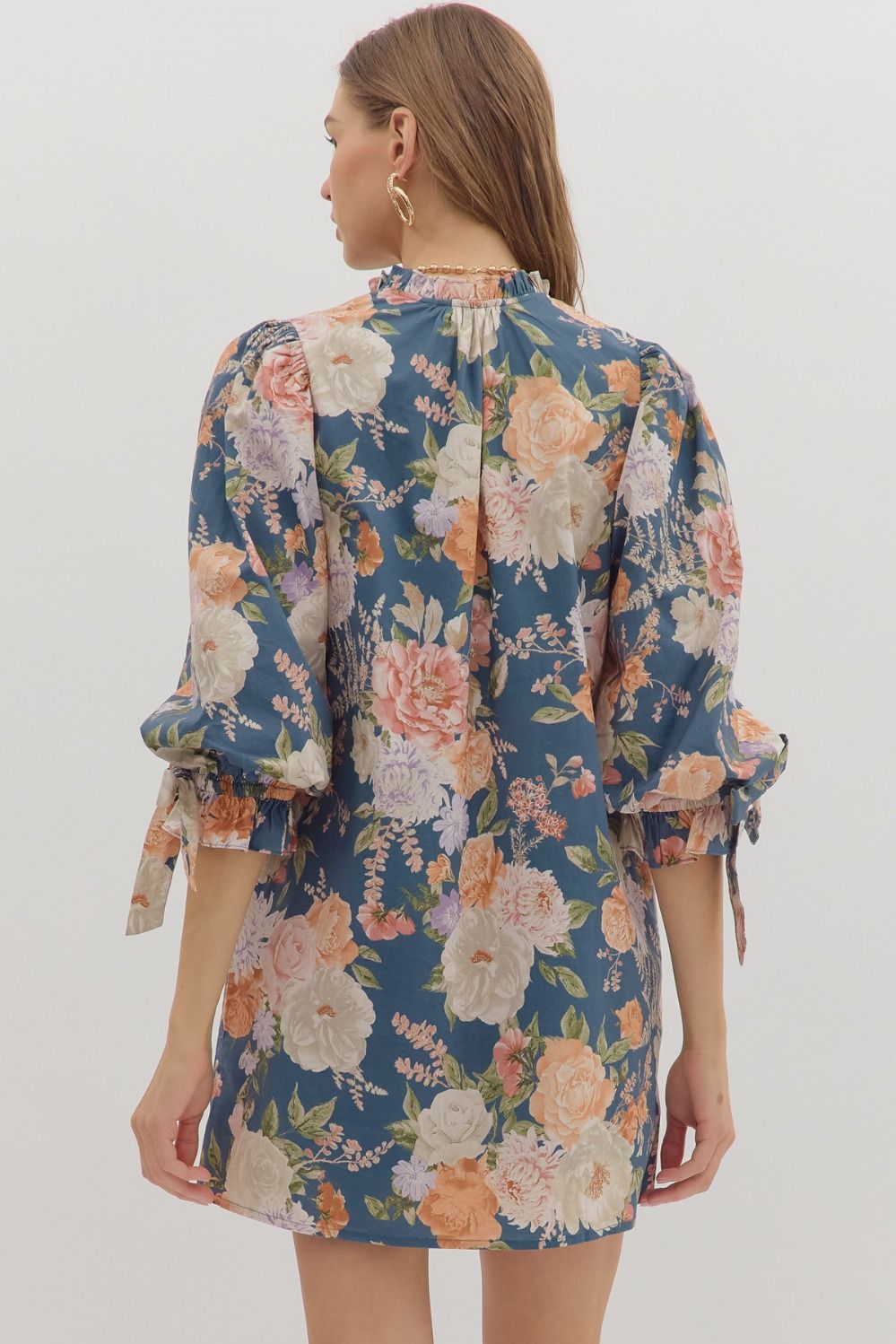 Roxie Floral Print Mini Dress featuring Fixed Bow Elbow Accent and Ruffle Neck