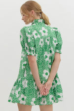 Green Floral Puff Sleeve Mini Dress
