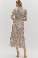 Olive Diamond Pattern Floral Print Midi Dress with Front Button Closure and Adjustable Tie Waist