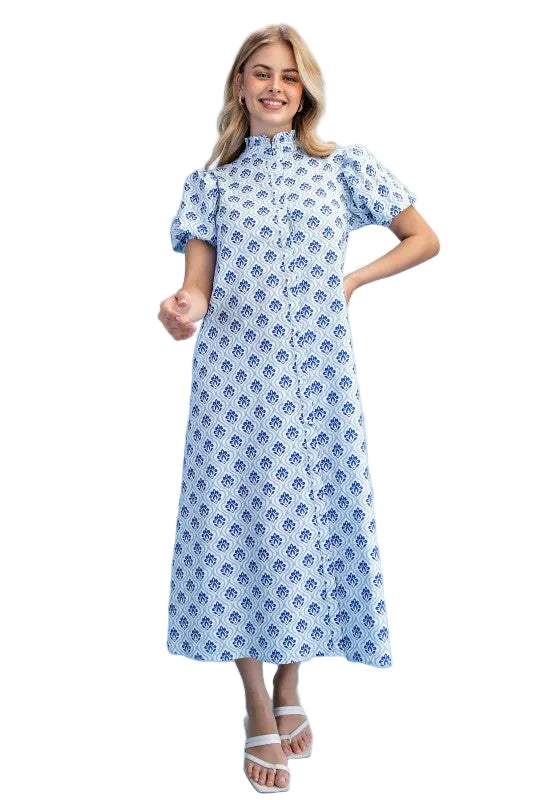 Cobalt Blues Ruffle Collar Button Down Midi