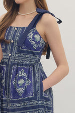 Camden Navy Printed Midi with Square Neckline and Raffia Detail Buttons