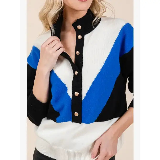 Color Block Button Down Sweater- Black, Royal and Cream