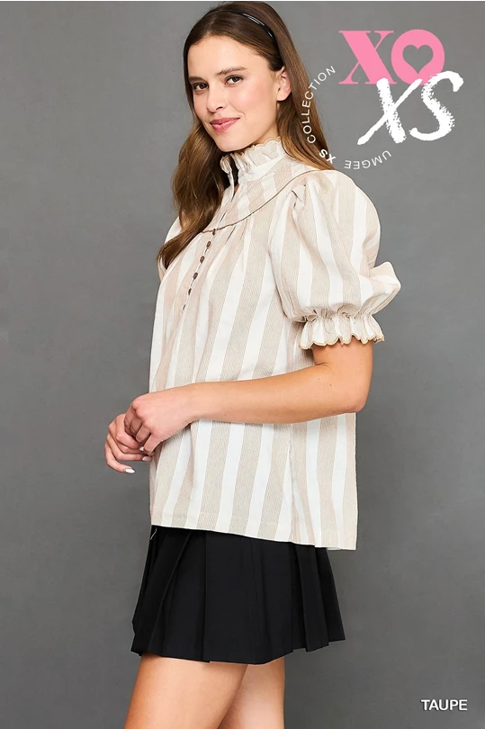 Taupe Stripe Ruffle Collar Top