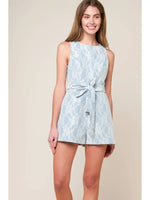 Ice Blue Floral Lace Romper with Self Tie Sash and Back Zipper Closure