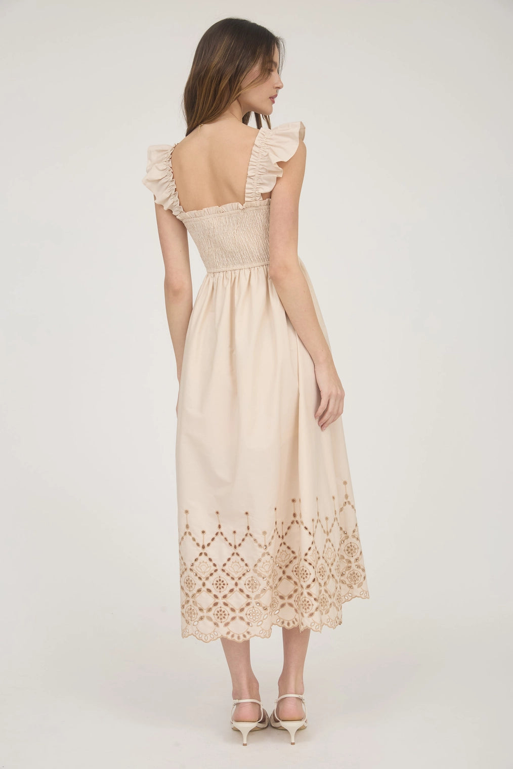 Emilie Smocked Ruffle Sleeve Eyelet Hem Midi Dress ** White or Ecru