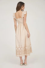 Emilie Smocked Ruffle Sleeve Eyelet Hem Midi Dress ** White or Ecru