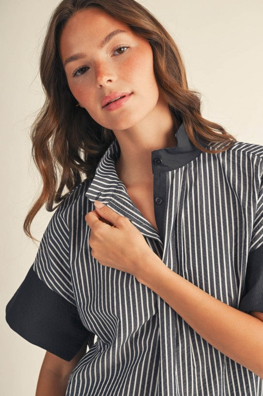 Brighton Navy Striped Button Front Top