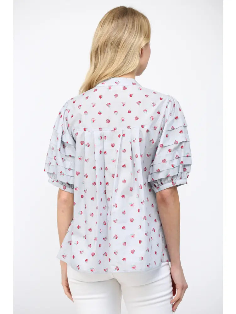Strawberry Motif Print Tuck Detail Split Neckline Top by Fate