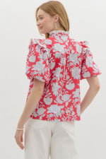 Paisley Print Bubble Sleeve Top with Detail Trim