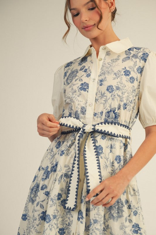Nina Button Down Floral Tiered Dress with Tie Waist- Ivory/Blue