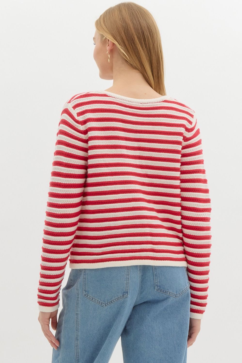 Red Striped Textured Cardigan with Gold Buttons and Front Pocket