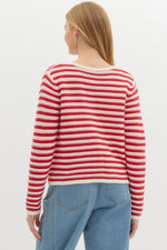 Red Striped Textured Cardigan with Gold Buttons and Front Pocket