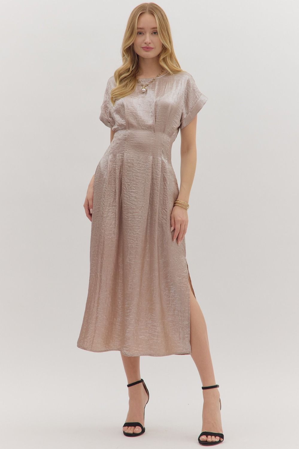 Champagne Pleated Waist Midi Dress