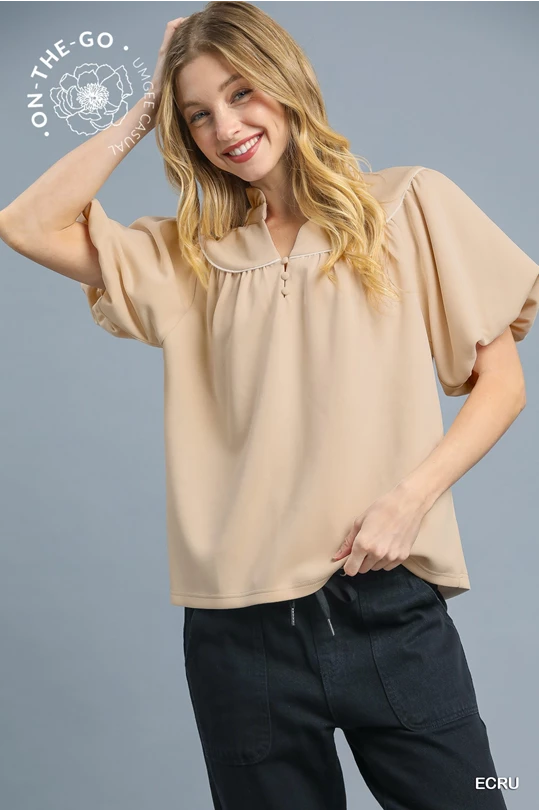 Dayton Piped Yoke Puff Sleeve Top- Ecru