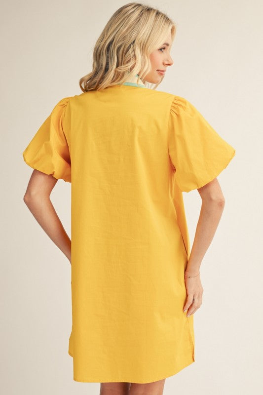 Marigold Damask Print Mini with Aqua Neck Contrast