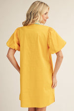 Marigold Damask Print Mini with Aqua Neck Contrast