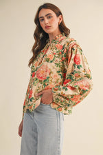 FLORAL RUCHED BUTTON DOWN BLOUSE