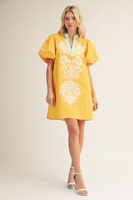 Marigold Damask Print Mini with Aqua Neck Contrast
