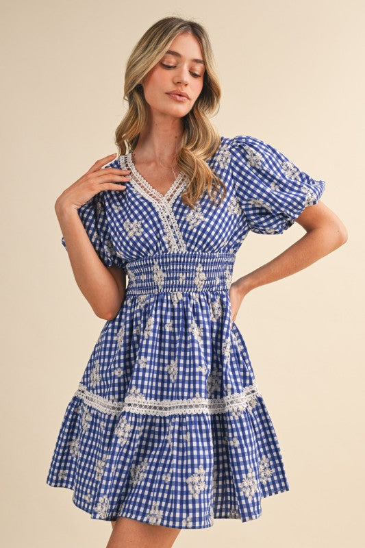 Taylor Bue Floral Embroidered Gingham Mini Dress