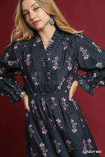 Navy Floral Midi Dress with Smocked Waist & Ruffle Trim
