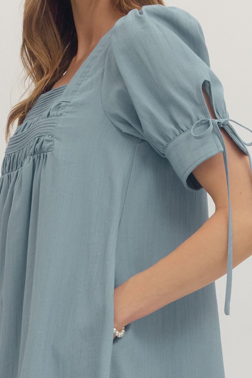 Country Blue Square Pleated Neck Mini Dress