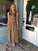 Mocha Lightweight Smocked Waist Ruffle Detail Button Midi Skirt and Side Tie Top SET