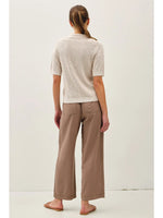 TEXTURED RIB KNIT COLLARED BUTTON UP SHORT SLEEVE SWEATER TOP-