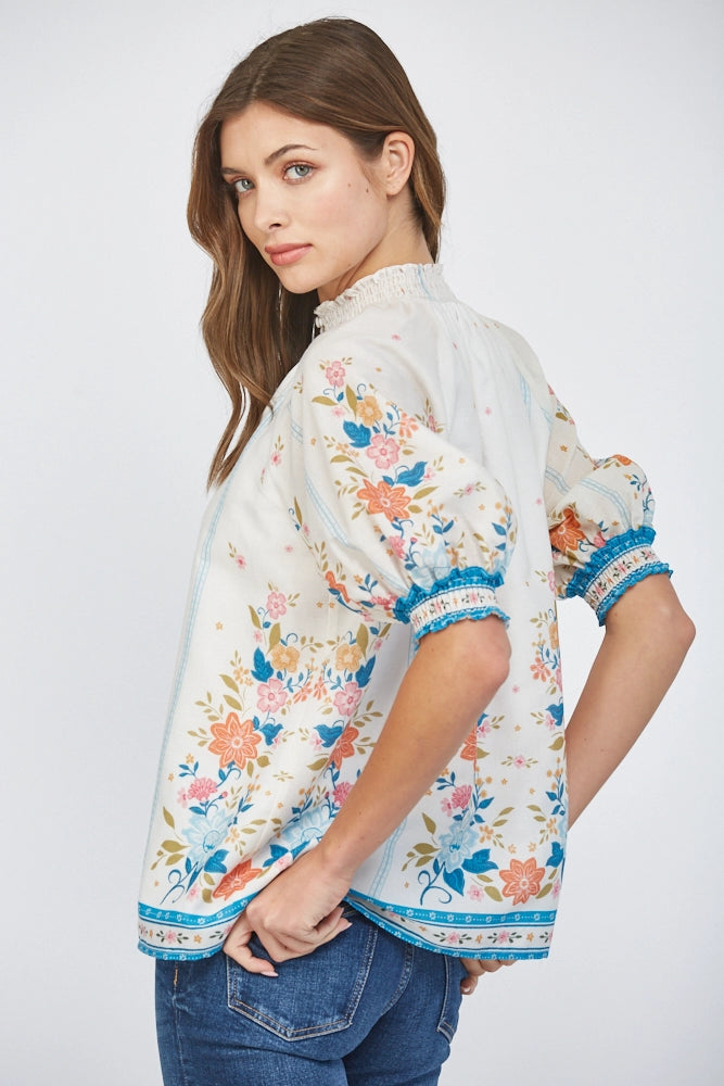 Border Print Smocked High Neck Blouse by Fate