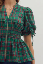 Green Plaid Front Zip Peplum Top