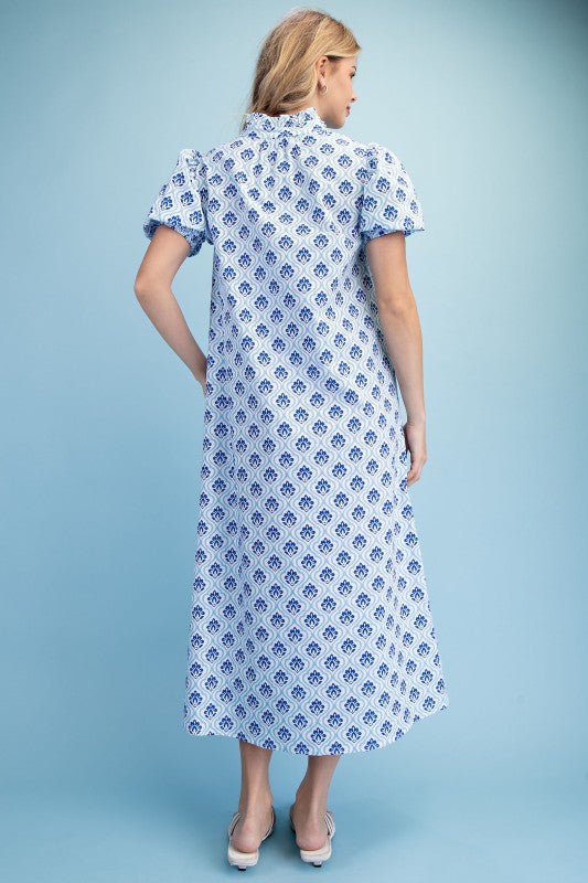 Cobalt Blues Ruffle Collar Button Down Midi