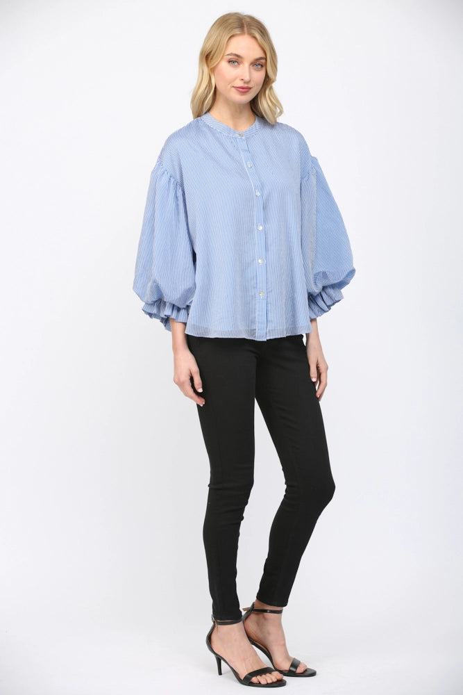 Macy Pinstripe Voluminous Sleeve Button Down by FATE